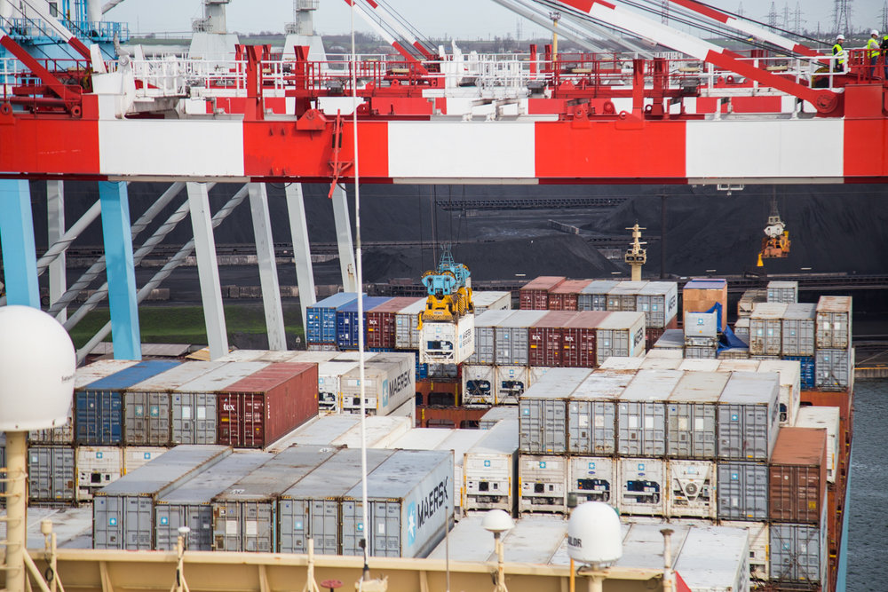 Кран разгружает контейнеровоз Maersk. Фото: Эмма Солдатова