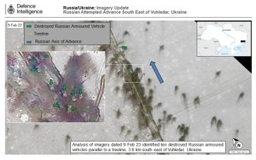 Фото 2 — Британская разведка опубликовала спутниковый снимок уничтоженного элитного подразделения армии РФ на Угледарском направлении