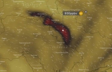 Концентрация угарного газа над центральной Украиной утром 15 апреля. Скриншот